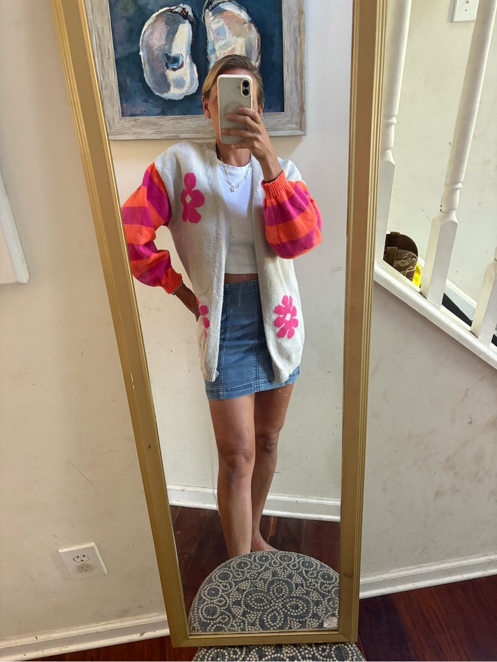 Cream Cardigan with Pink & Orange Striped Sleeves - Women Sweater